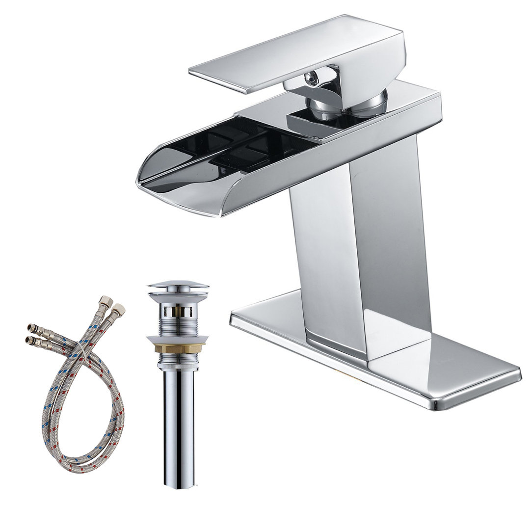 Waterfall Single Hole Single-Handle Low-Arc Bathroom Faucet With Pop-up Drain Assembly in Gold